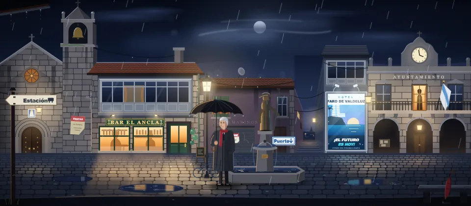 The rainy village square of Valdeluz at night, with the mayor under his umbrella